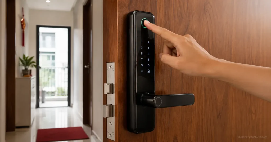 Khóa cửa vân tay lắp trên cửa gỗ căn hộ - khóa cửa vân tay - khoathongminh24h
